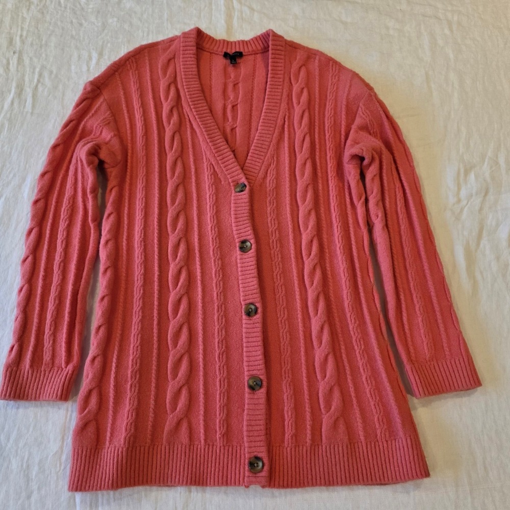Talbots Womens Coral Pink Cable Knit Button Front Cardigan Sweater Size L Wool